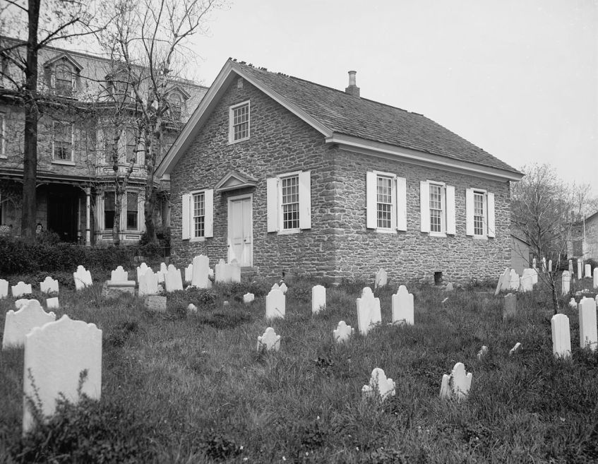 Exterior shot of the old meetinghouse of the Germantown Mennonite Church